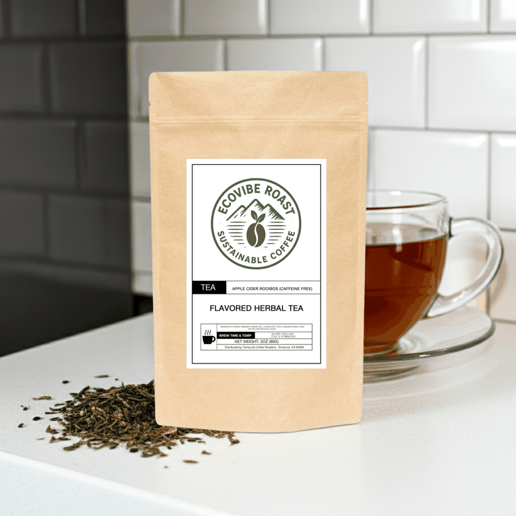 Apple Cider Rooibos Tea bag with loose tea and brewed cup on kitchen counter