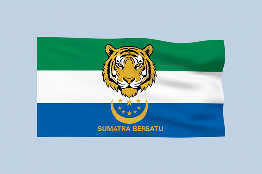 Sumatra flag with tiger head and "Sumatra Bersatu" text on green, white, and blue stripes
