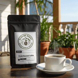 African Kahawa Blend medium-dark roast coffee beans beside steaming cup on table