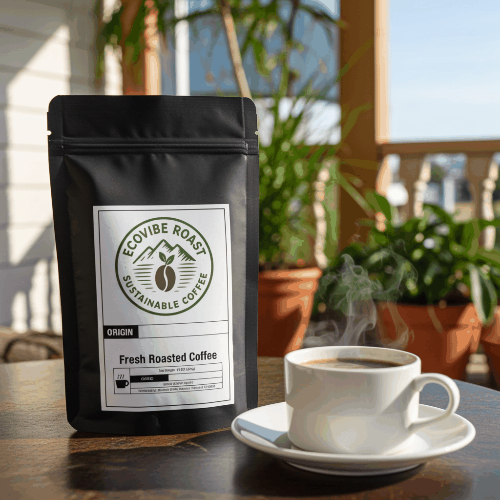 African Kahawa Blend medium-dark roast coffee beans beside steaming cup on table