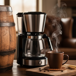 Whiskey barrel aged coffee from Guatemala medium roast with steaming cup and brewing pot near wooden whiskey barrel