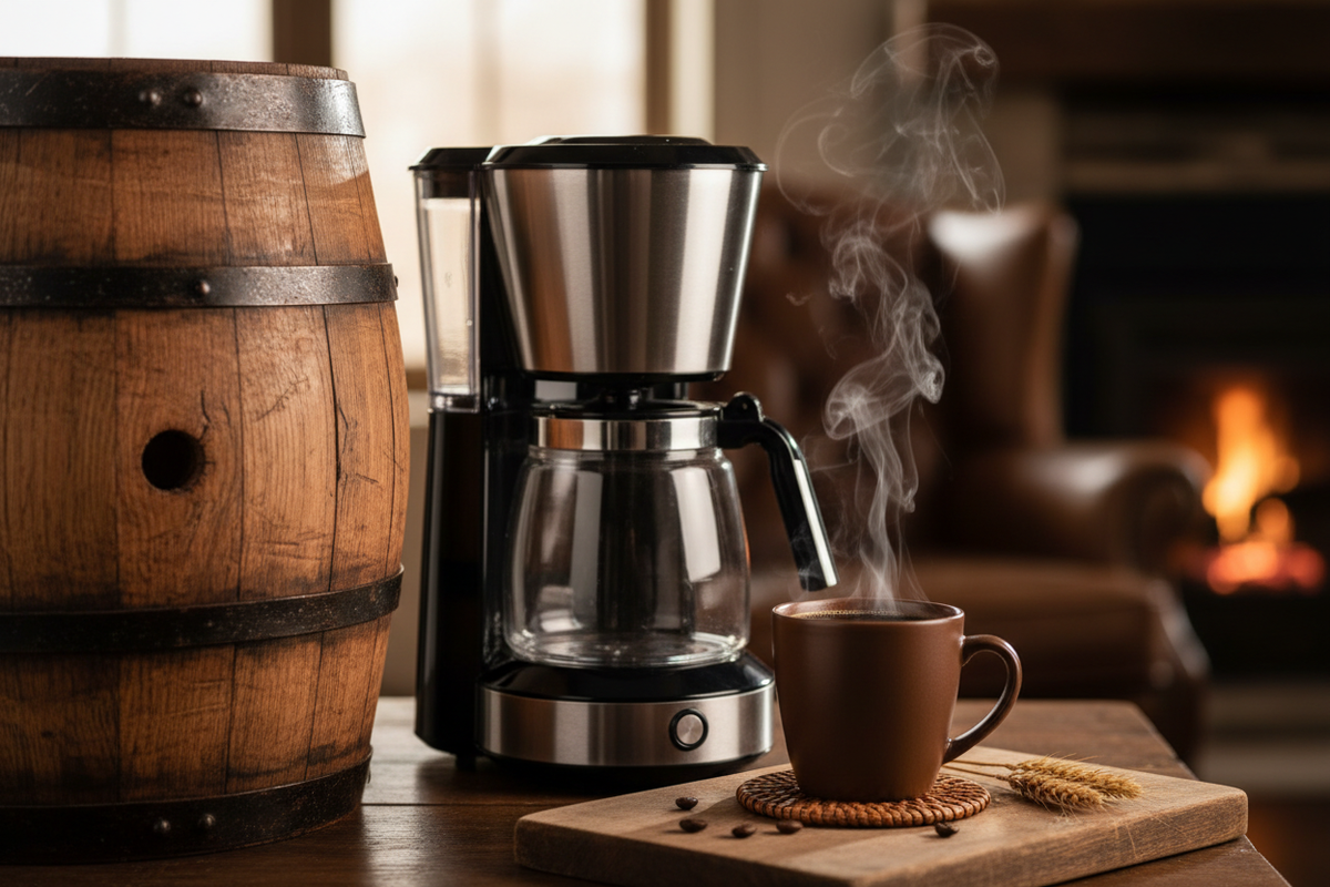 Whiskey barrel aged coffee from Guatemala medium roast with steaming cup and brewing pot near wooden whiskey barrel