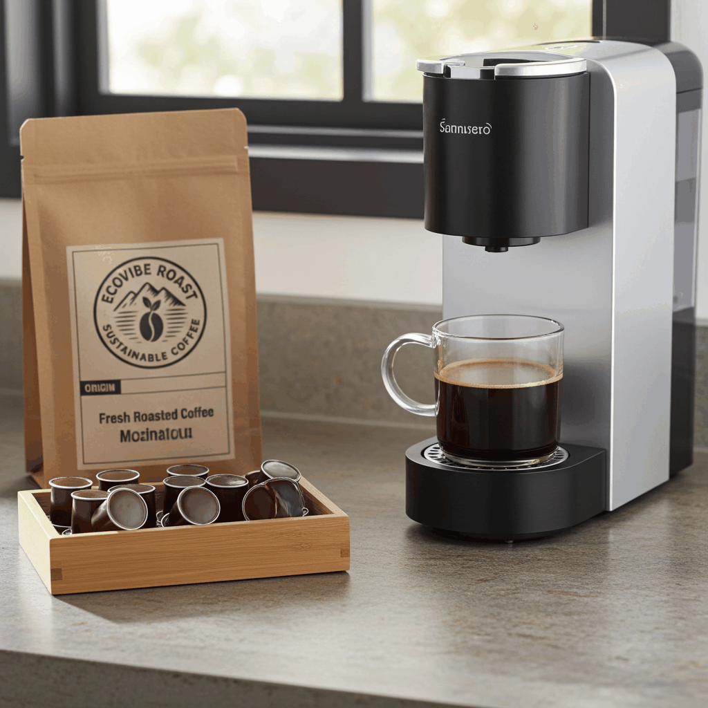Single serve coffee pods with coffee machine and brewed cup on kitchen counter