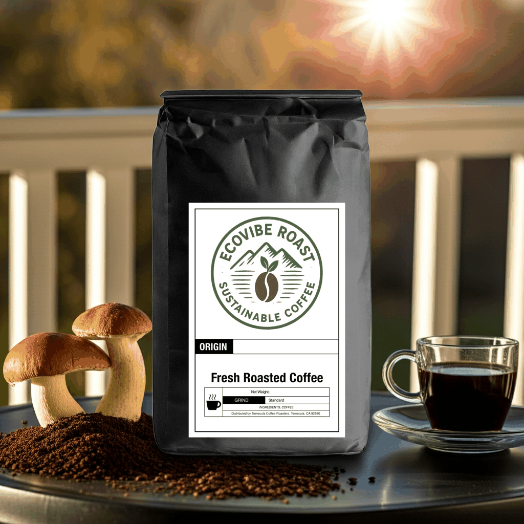 Mushroom coffee dark roast blend with lion’s mane, cordyceps, reishi mushrooms, and ground coffee beans